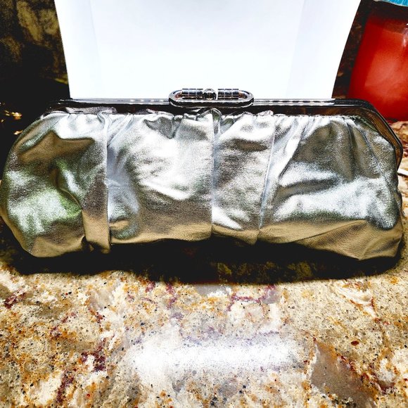 Metallic Silver clutch ruched fabric evening bag - Picture 1 of 4